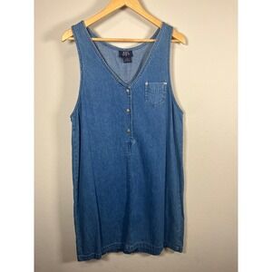 Vintage BJS Denim Pinafore Dress Button Front Sleeveless Pockets Blue Women M
